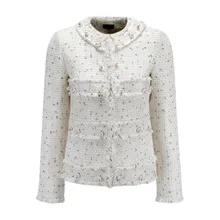 Модные женские элегантные белые твидовое пальто весна-осень Длинные рукава Жемчуг Куртки Пальто элегантное короткое пальто S310