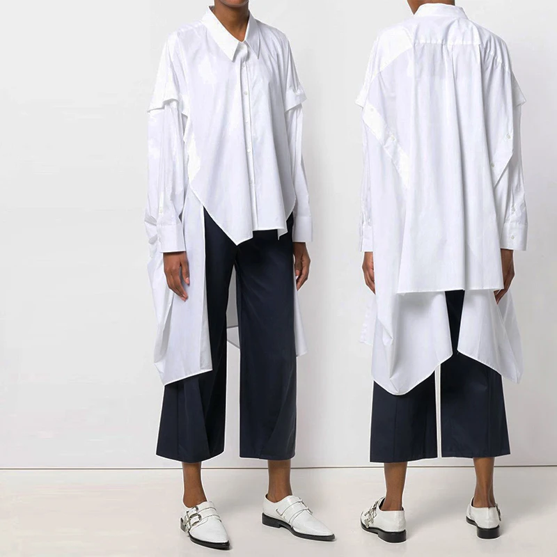 

Autumn 2018 Women Loose Short Front and Long Back Irregular Street Chic Blouse Top Korean Style Long Shirt