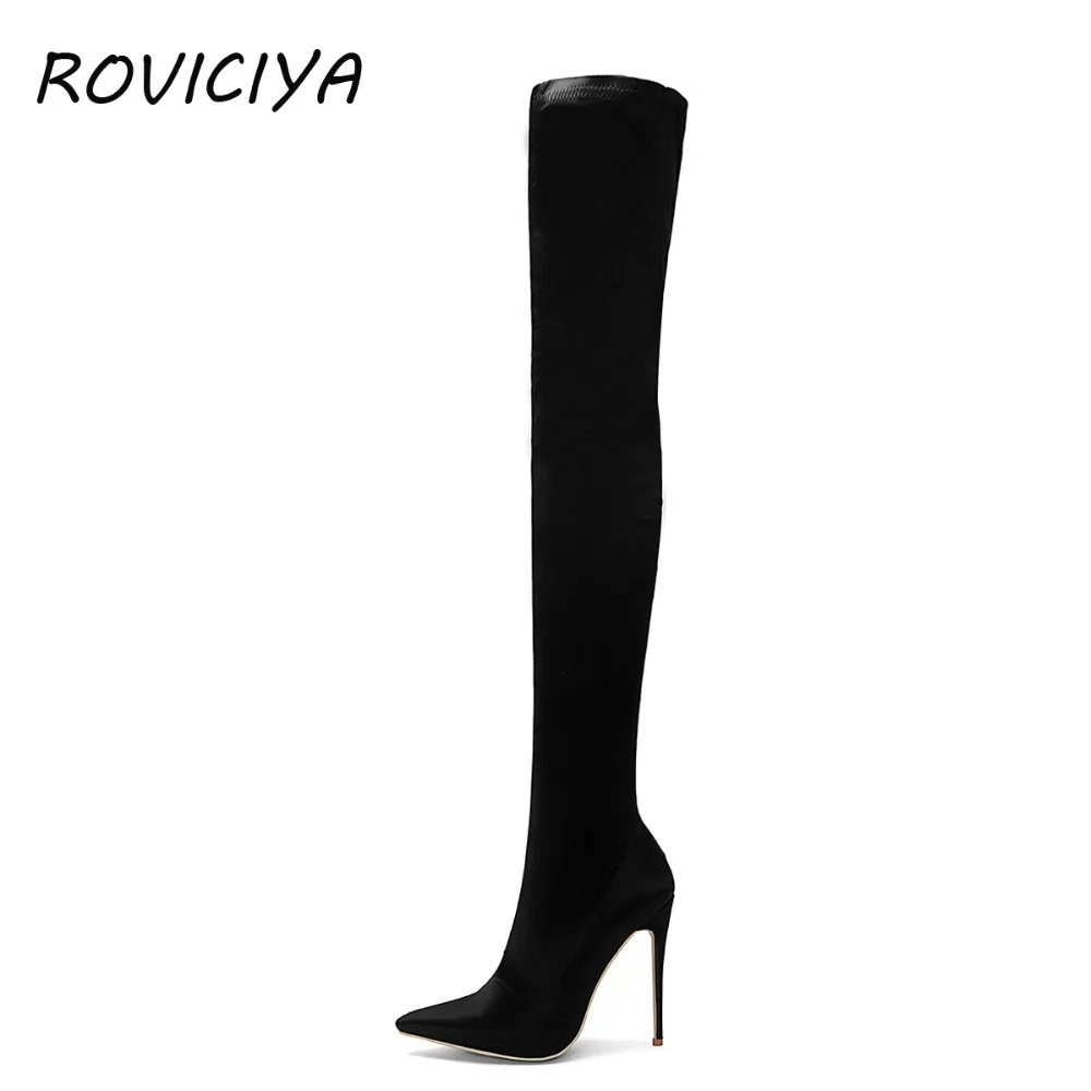Cm Pointu Élastique Hauts Talons Satin Roviciya Sur Genou Black 12 Bottes Bas Automne Le Discothèque Chaussures Wj031 Bout Femme Sexy Noir LVpGUzMjqS