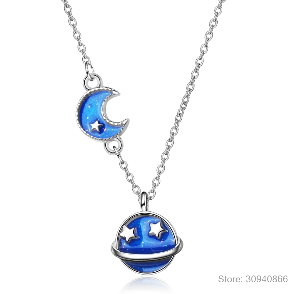 Новая мода капли глазури голубое небо Луна Звезда 925 стерлингового серебра ожерелье ювелирные украшения для женщин подарок S-N09