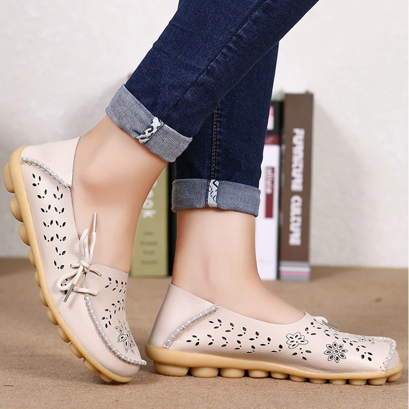 Female Ballet Flats Shoes Women Cut Out GenuineLeather Breathbale Moccains Women Shallow Shoes Solid Ballerina Ladies