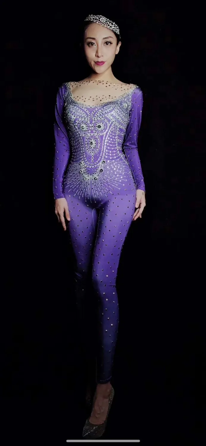 

Purple Rhinestone Long Sleeves Jumpsuit Headdress Outfit Birthday Party Celebrate Women Dance Bodysuit Leggings Outfit