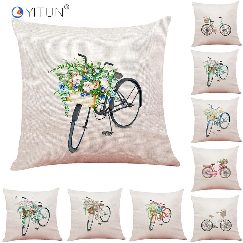 

YITUN 45*45cm Pillow Case Bicycle With Flowers Throw Pillowcases Square Printing Polyester / Cotton Pillow Cover for Living Room