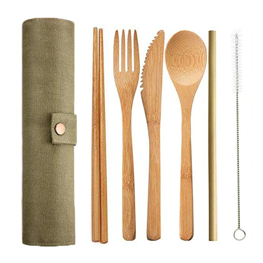 

6pcs/set Bamboo Cutlery Set Wooden Flatware Set Japanese Knife Spoon Fork Straw Chopstick Cloth Bag Kitchen Cooking Tools Travel