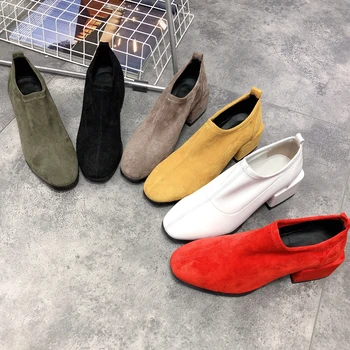 

New fashion British style retro square head suede scoop shoes set foot thick with a pedal lazy shoes female