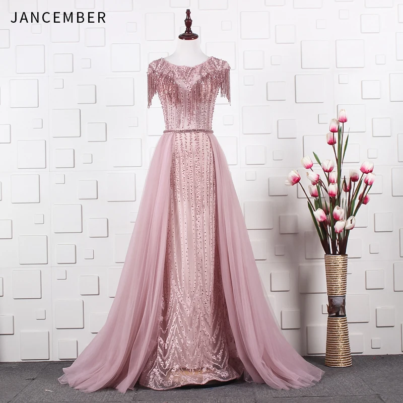 JANCEMBER Grey and Pink Diamond Crystal Luxury Evening Dress Cap Sleeve Fashion With Train Evening Dress Real Photo