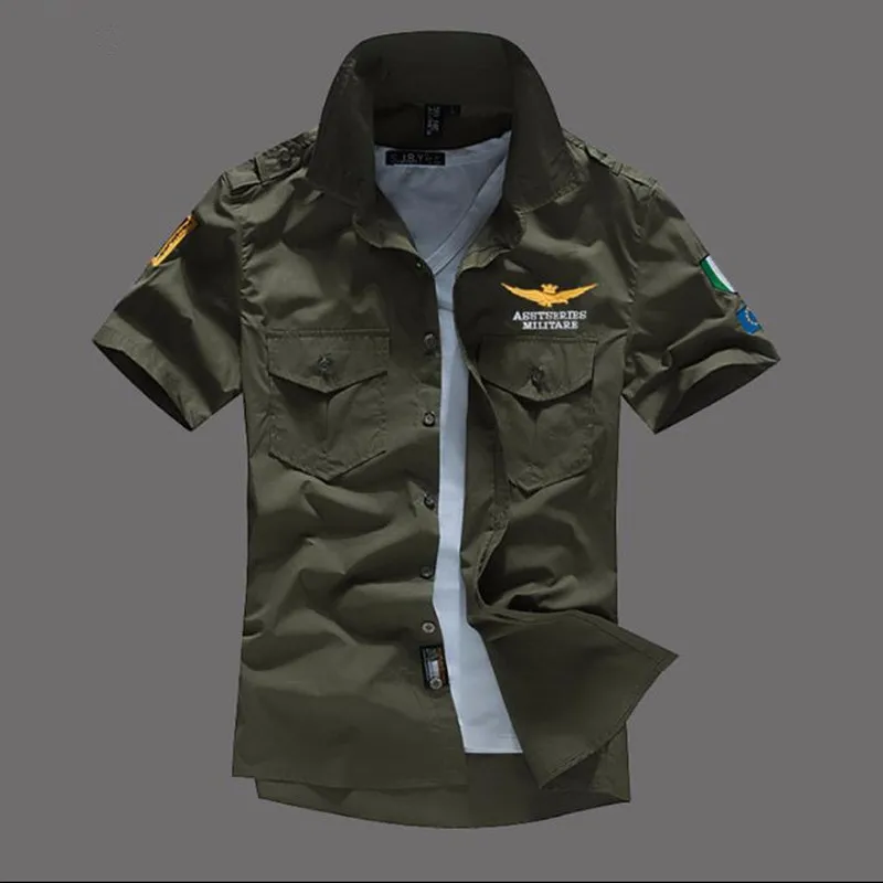 الرجال قميص ايرفورس العسكري موحدة كم قصير نحيف يتأهل Camisa Masculina كاكي الجيش الأخضر قميص قميص عالي الجودة الرجال