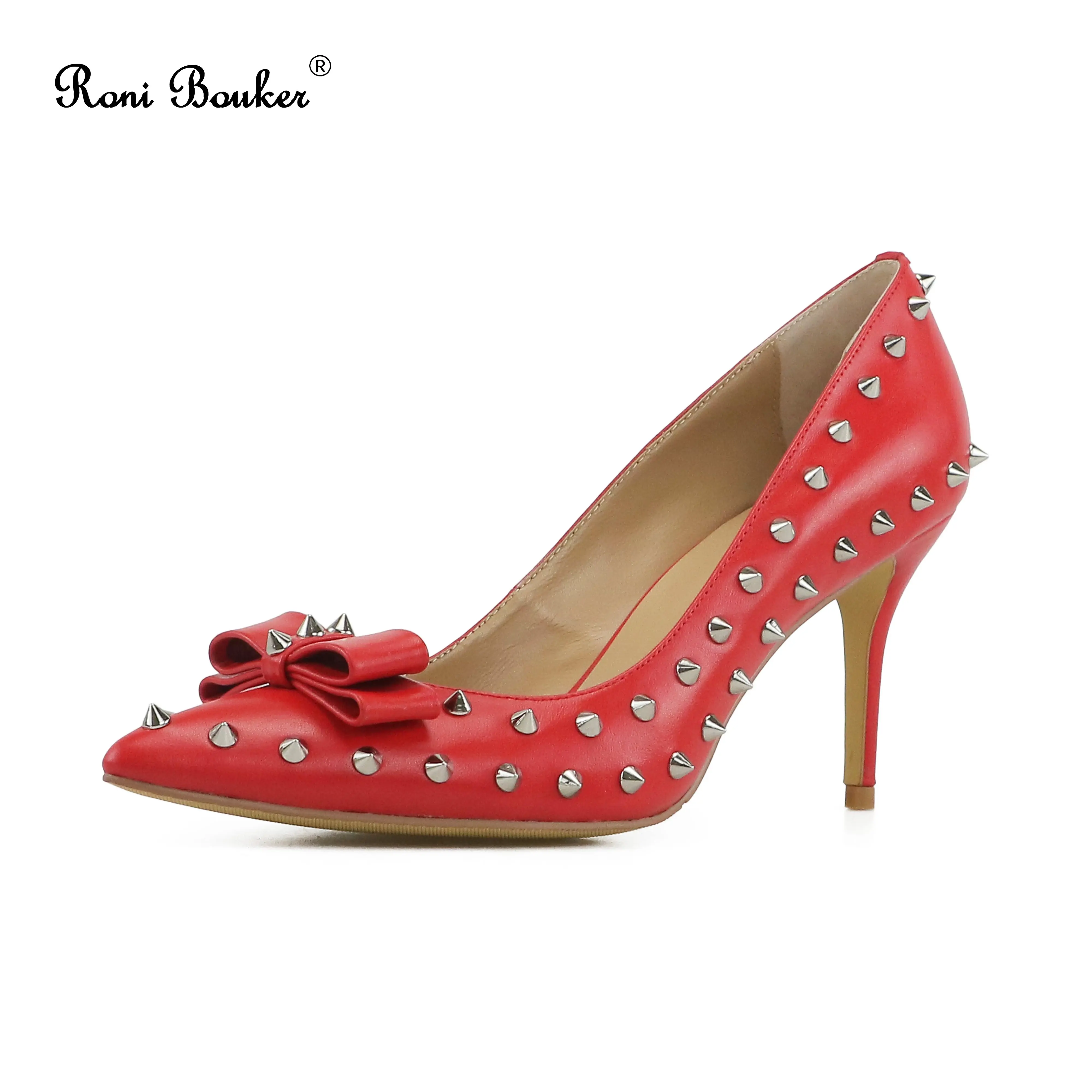 

Sexy Women Metal Rivet Studs Genuine Leather Red Pumps Pointed Toe Stilettos Ladies Spikes Slip on Bridal Dress High Heels Shoes