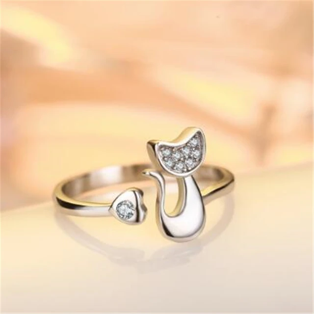Full Zircon Filled Cute Cat Silver Ring for Women Silver Plated Wedding Bands Pa Full Zircon Filled Cute Cat Silver Ring for Women Silver Plated Wedding Bands Pa