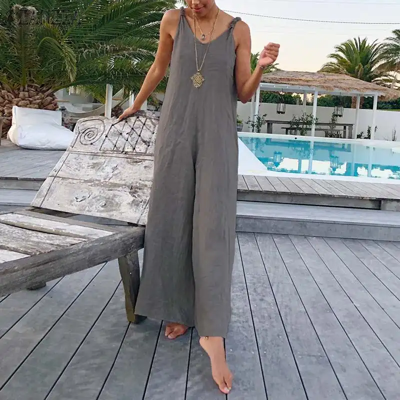 

Fashion Women Rompers ZANZEA V Neck Straps Jumpsuits Summer Beach Wide Leg Overalls Casual Loose Playsuit Solid Streetwear Pants