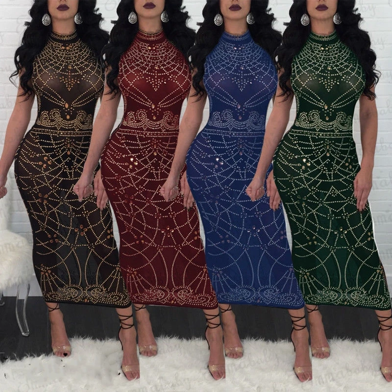 

Fashion Sexy New Women Party Vintage Sleeveless Boho Bodycon Sexy Long Pencil Dresses Transparent Long Maxi Dress