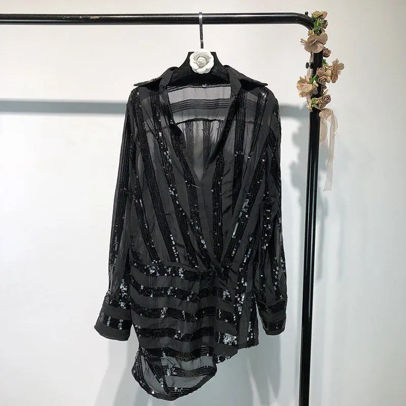 2019 Spring Summer Fashion Streetwear Sexy See Through Striped Sequins Asymmetrical Blouse Women Blusas Shirt Tops |