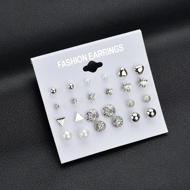

Fashion 12 Pair/set Women Square Crystal Heart Clip Earrings for Women Piercing Simulated Pearl Flower Earrings