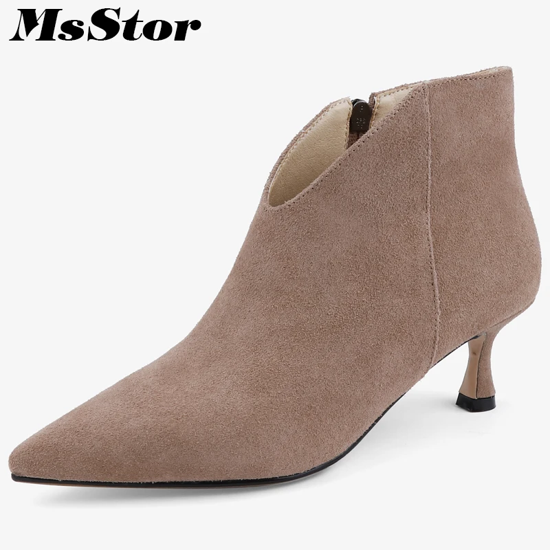 

MsStor Women Boots Fashion Hot Selling Pointed Toe High Heel Ankle Boots Women Shoes Thin Heels Metal Zipper Boot Shoes For Girl