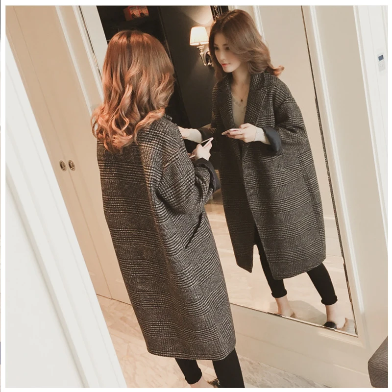 Plaid Coat Windbreaker Jacket Vintage Elegant Woolen Coat Pocket Button Wool Long Coat Ropa De Invierno Para Mujer 2018