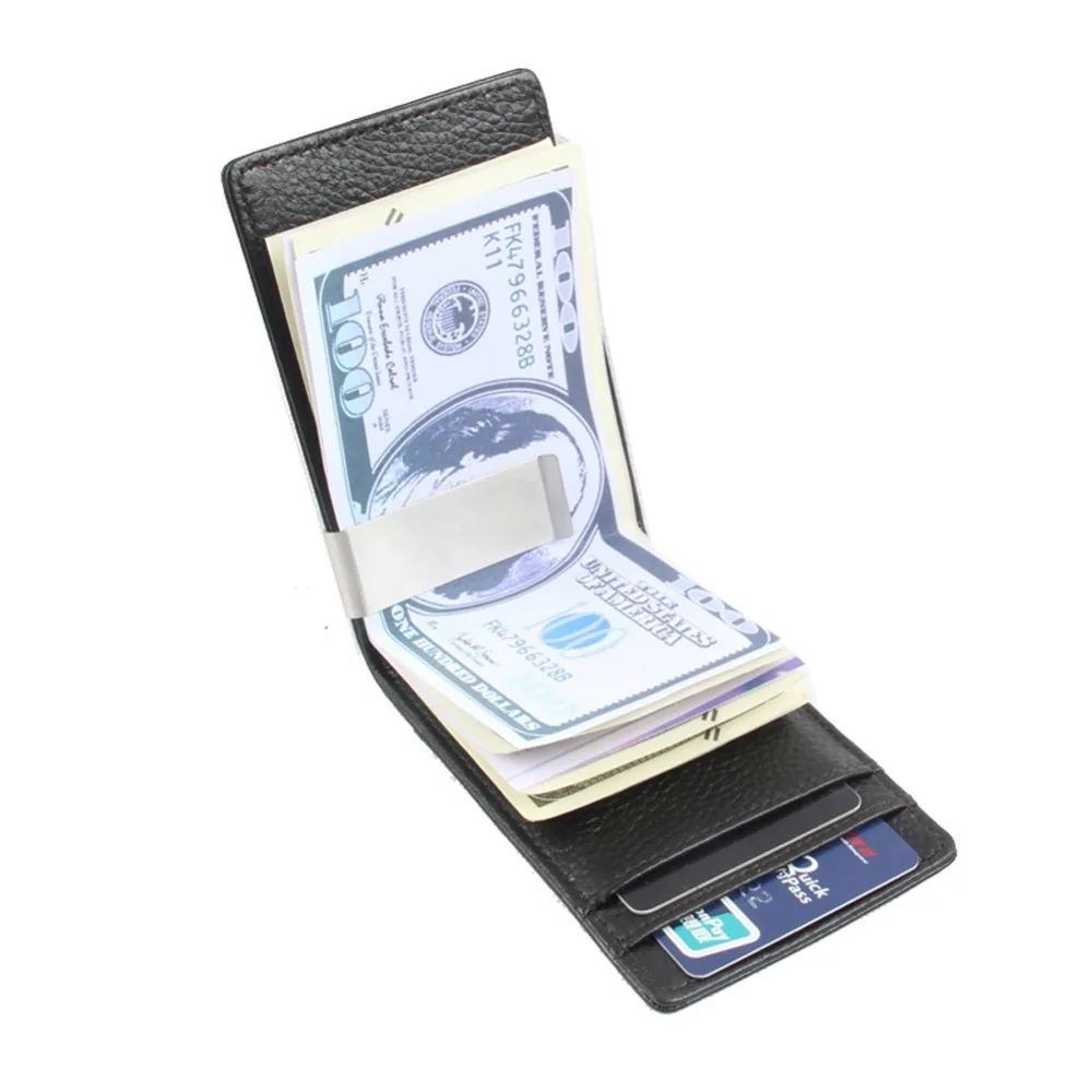 Slim Men Money Clip Black Genuine Leather Billfold Clamp For Money With Card Hold Luxury Men