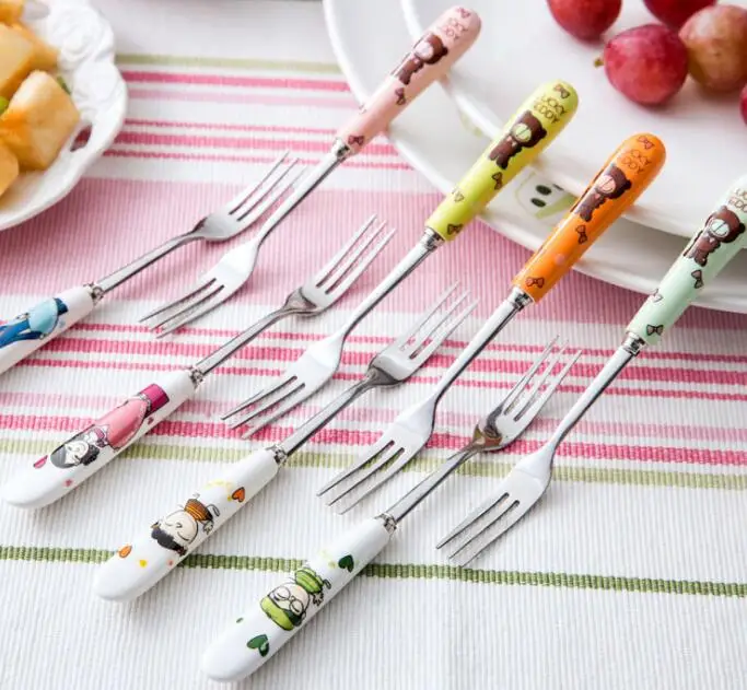 Ceramic handle fruit fork green stainless steel fruit sign small