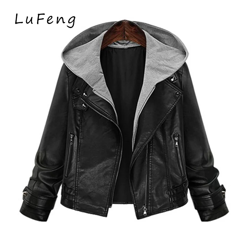 Grey Hooded Leather Jacket Plus Size 4xl 5xl Women Winter Biker Coat