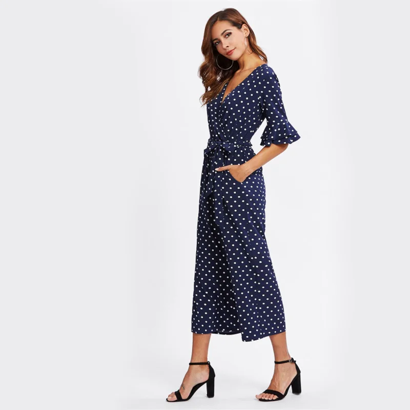 2018 Sexy Dot Jumpsuit Deep V Flare Sleeve Surplice Wrap Polka Half Sleeve Jumpsuit Women Elegant Vadim Romper Body Femme