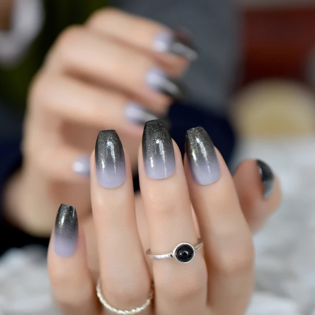 Aliexpress.com : Buy Gradient Black Grey Coffin Nails Sparkly Glitter ...