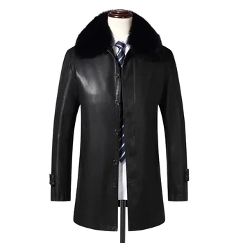 

808 New Male Middle-aged and Elderly Slim Long Plus Velvet Padded Trench Overcoat Business Casual Fox Fur Collar Men Long Coat