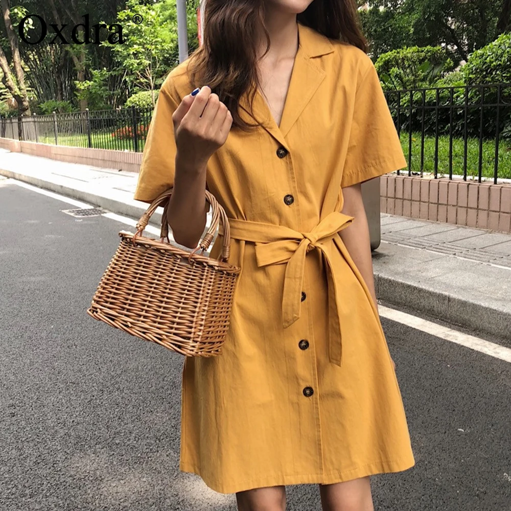 

Oxdra Turn down Collar Short Dress Solid Mini Dresses With Sashes 2019 Summer Elegant Short Sleeve Womens Clothing