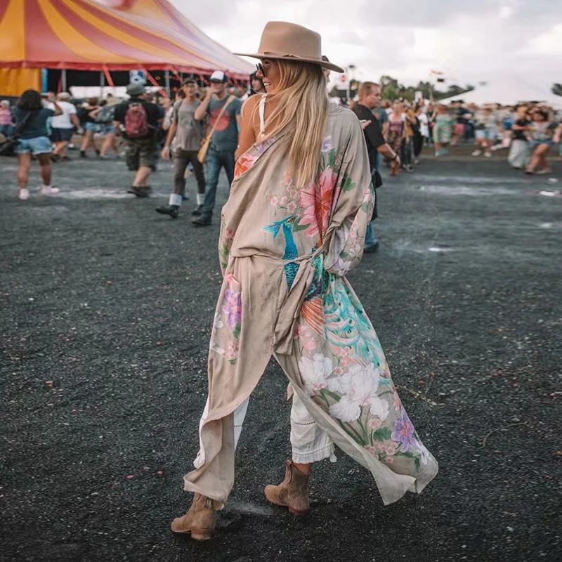 

KIYUMI Dress Women Rayon Summer Dress Boho Phoenix Printed Long Sleeve Casual Kaftan Kimono 2019 Loose Beach Beige Mid Dress New