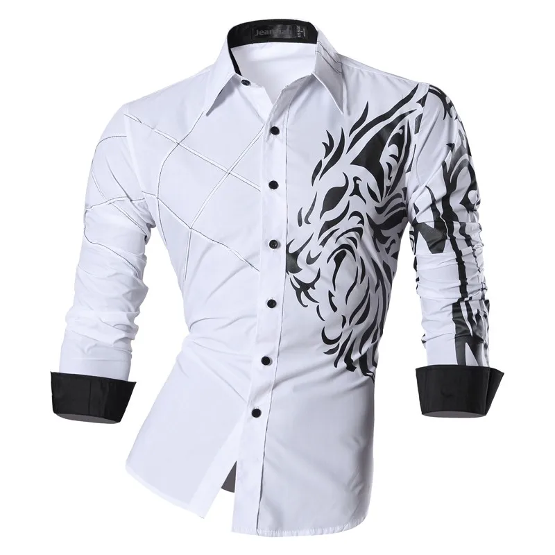 

Jeansian Men's Fashion Dress Casual Shirts Button Down Long Sleeve Slim Fit Designer Tattoo Lion Z030 White