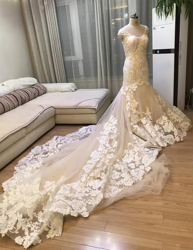 Кружевное свадебное платье Vestido De Noiva с открытыми плечами, кружевное свадебное платье русалки на заказ, бохо, Дубай, арабское свадебное платье - Цвет: Шампанское