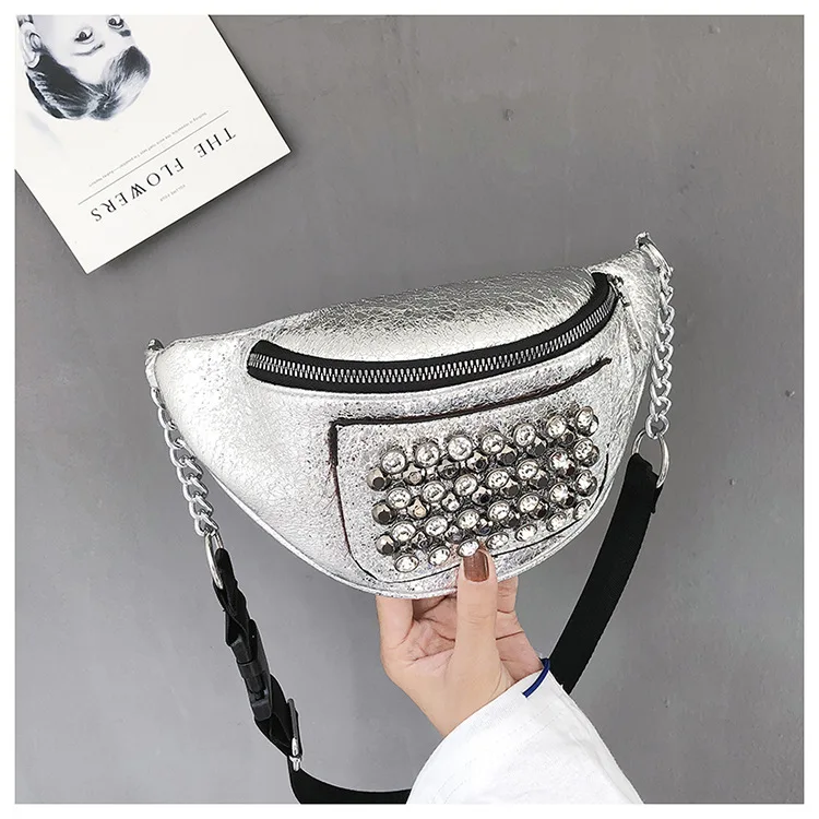

QIUYIN Chest Bags Crossbody Pack Rivet Waist Pack Women Shoulder Bag Brand Designer Women's PU Leather Waist Bag Sling Phone