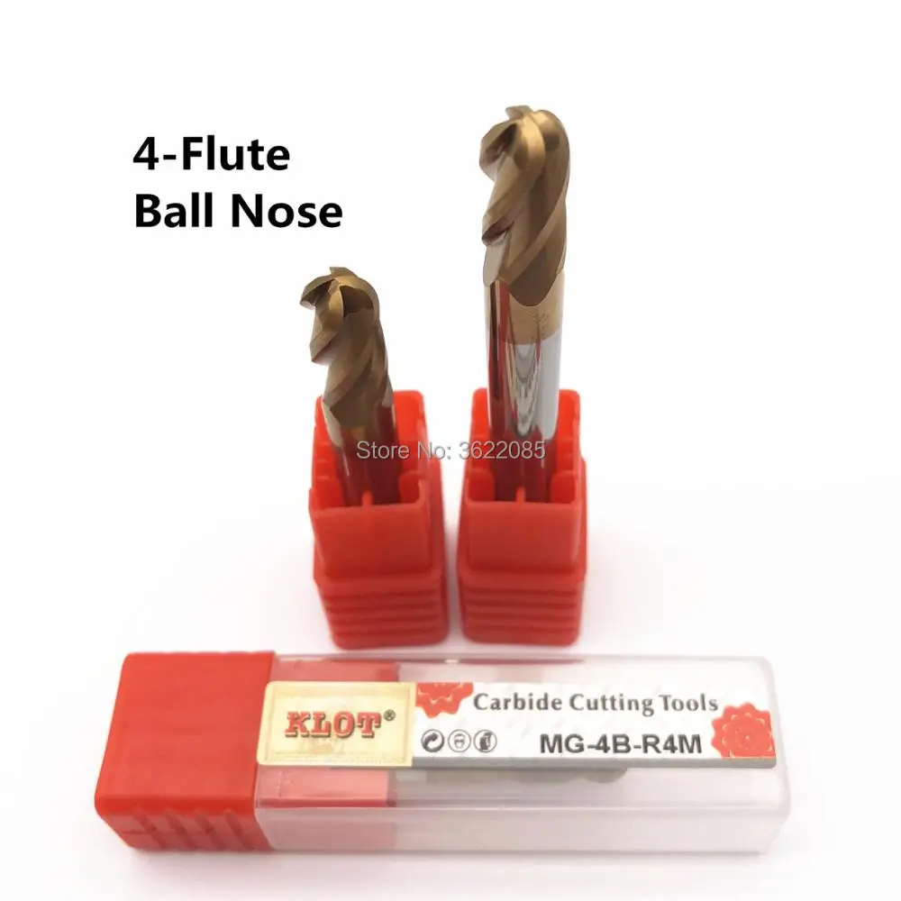 

KLOT HRC60 TiCN Coated Solid Carbide 4-Flute Ball Nose End Mill R1.5 R2 R3 R4 R5 R6 R7mm