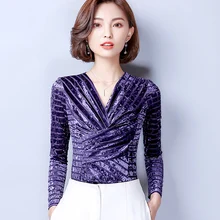 Plus Size 2018 New Autumn Women Shirts font b Slim b font V Neck Velvet Blouse