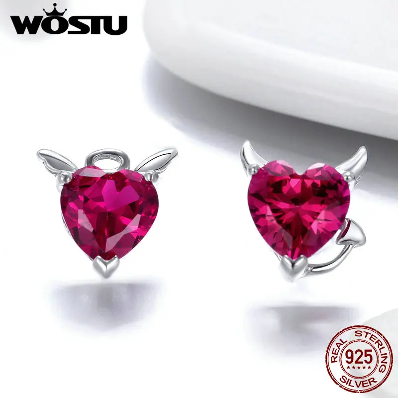 

100% 925 Sterling Silver Angel And Devil Pink CZ Heart Stud Earrings For Women Authentic Original Fashion Jewelry Making BKE414