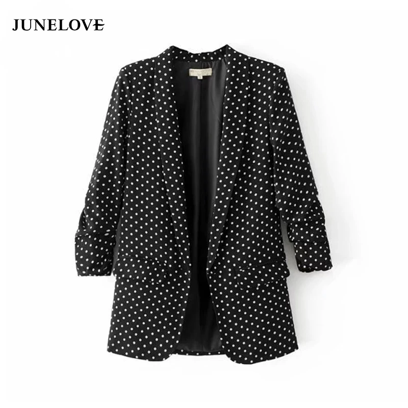 JuneLove, черный блейзер, пальто, куртка, женская, повседневная, осенняя, со сложенным рукавом, OL, Блейзер, куртка в горошек, пальто с принтом, женская верхняя одежда