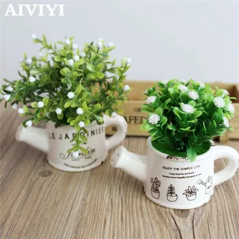

Artificial plastic milan flowers with Ceramics vase cute artificial flower set home decoration for wedding flowers decoration
