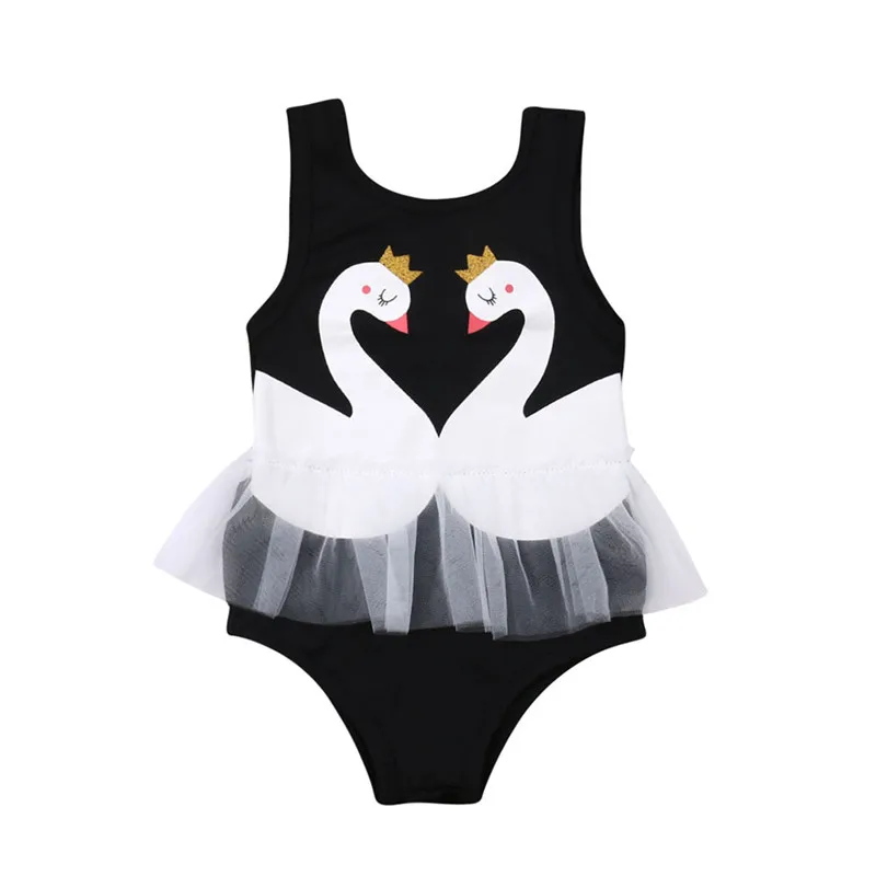 

1-6T Girls Swimwear Cute Swan Print Swimming Suits For Girls One Piece Swimsuits Kids Black Sleeveless Mesh Lace Kid Bathing Set