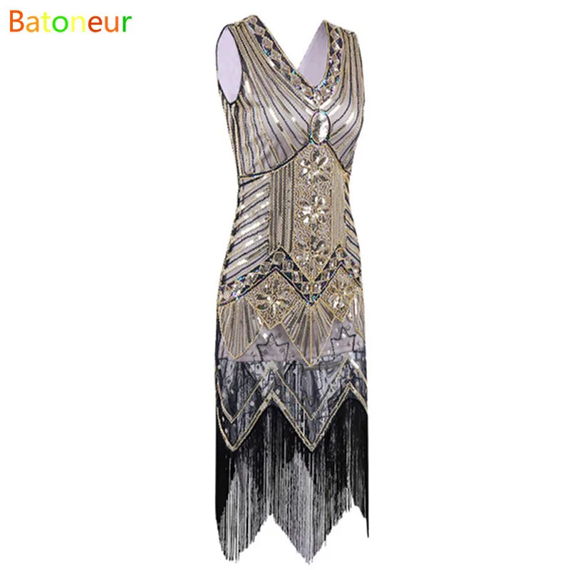 Sequins Tassel Dress Deep V Neck Vest Dresses Women 1920's Style