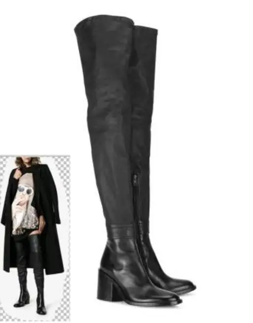 

US4-11 Women Over Knee Thigh Boots Real Genuine Leather Riding Shoes Side Zip Block Heel Black Plus Size