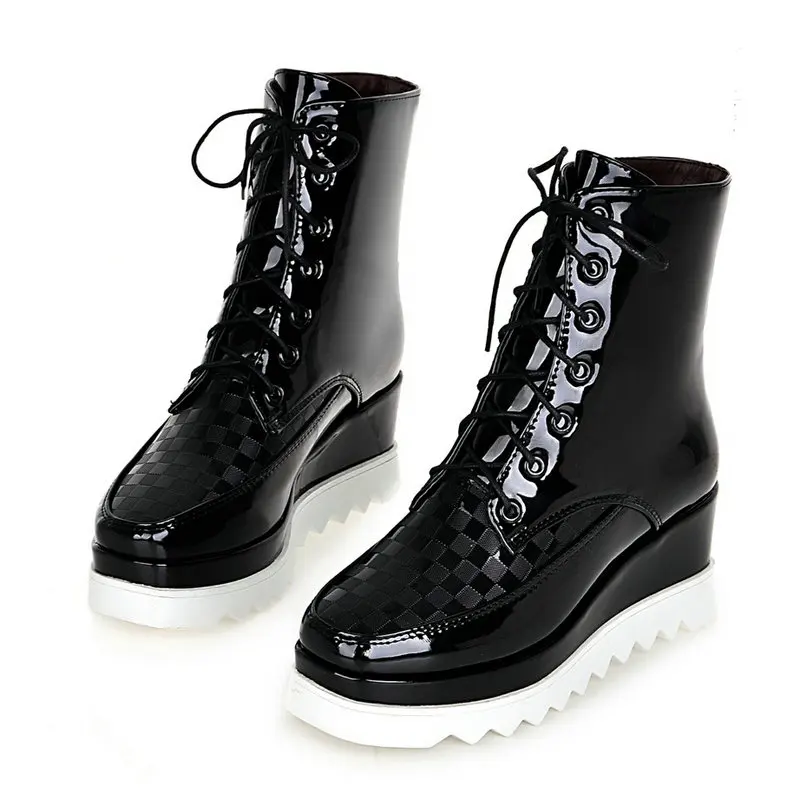 Размеры 34–43 женщина Лакированная кожа Lace up Boot Для женщин на высокой платформе