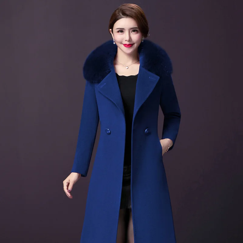 Женское шерстяное меховое пальто, женская мода, Женское шерстяное длинное пальто, Высококачественная элегантная длинная приталенная зимняя куртка, Femininos размера плюс - Цвет: Синий