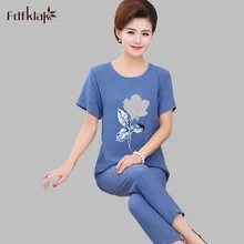 XL-4XL размера плюс, женские летние пижамы, элегантный хлопковый пижамный комплект с принтом и коротким рукавом, домашняя одежда E1021