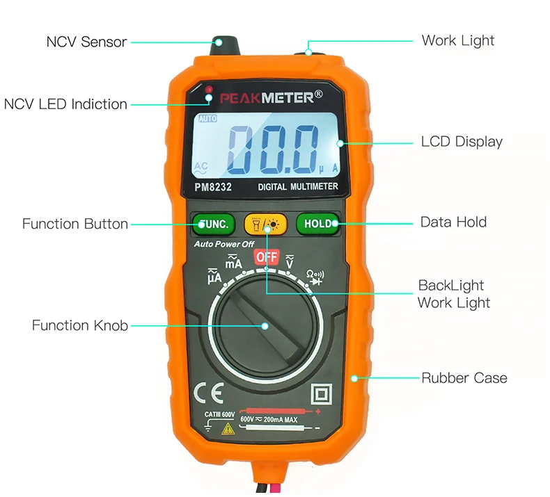 Официальный PEAKMETER, новинка, Лидер продаж, Бесконтактный Мини цифровой мультиметр, DC AC напряжение, ток, тестер PM8232 амперметр, мульти тестер