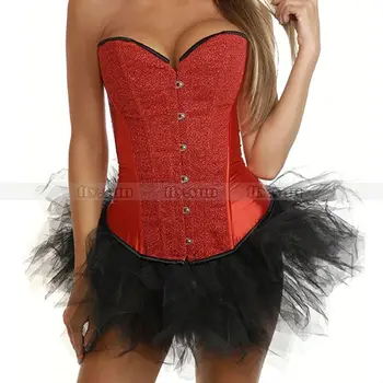 

New Red Sequin Burlesque Boned Overbust Outerwear Corset Bustier Sexy Costume + Black TuTu Skirt S M L XL 2XL