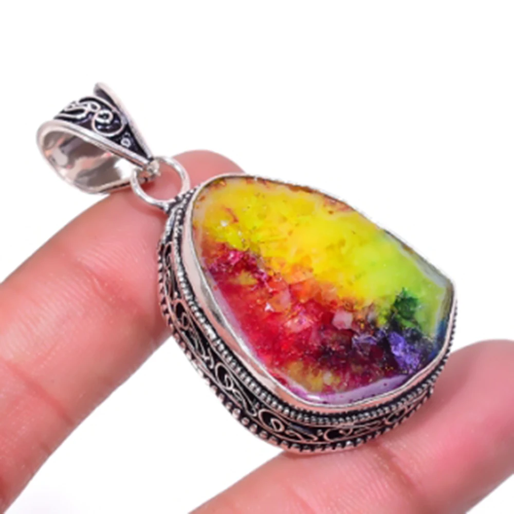 

Rainbow Solar Quarts Antique Pendant Silver Overlay over Copper , 52 mm, P5460
