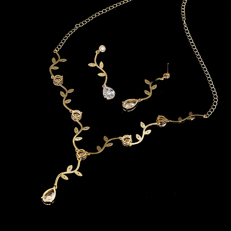 EMMAYA Rose Gold Color Zircon Crystal Bridal Jewelry Sets Leaf Shape Choker Necklace Earrings Wedding Ornament for Women