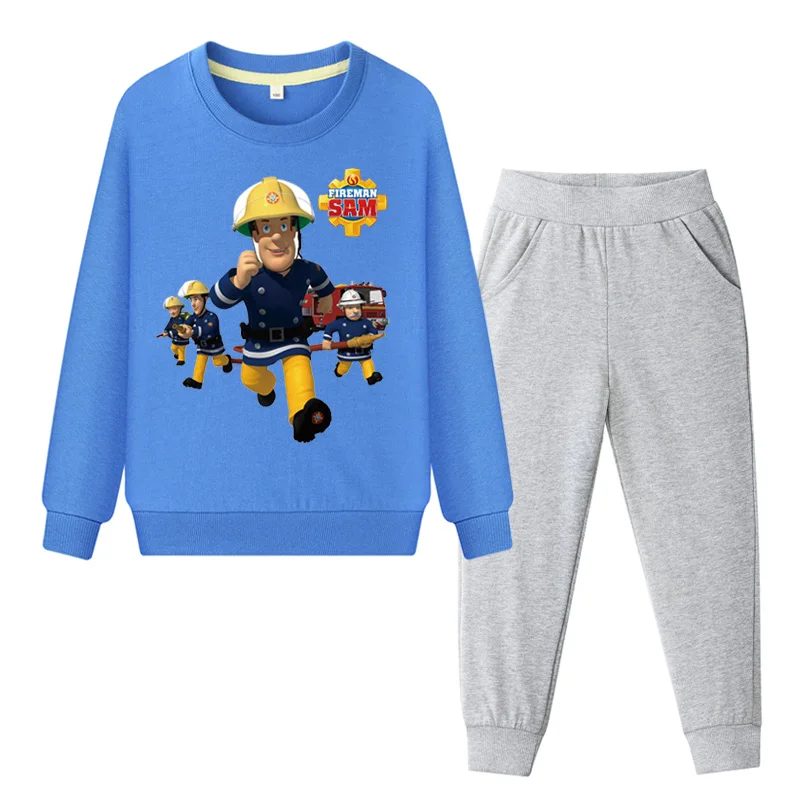 

Boys Fireman Sam Costume Tracksuits Girls Sports Full Sleeve Pullover Coat+Pant Clothing Sets Children Clothes Set Kids WL088