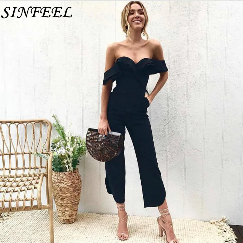 sinfeel elegant sexy spaghetti strap womens jumpsuit sleeveless backless casual straight jumpsuits leotard overalls long pants SINFEEL Sexy Strapless Backless Off Shoulder Black Jumpsuit Women Ruffle High Waist Long Jumpsuits Romper Casual Overall Femme