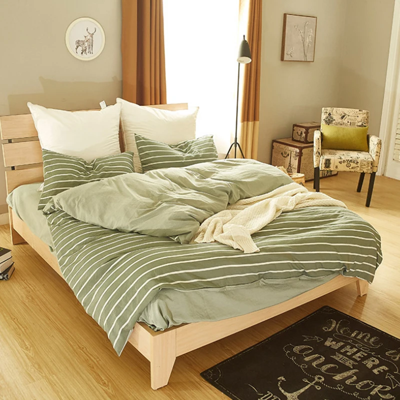 

Simple Pattern Bedding Sets 4pcs /set Washed cotton Striped Bed Linings Bed Sheet Pillowcases Cover Bedding Set Xmas Bedding