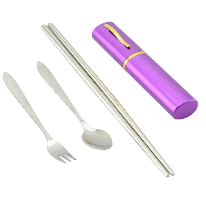 Новинка, набор столовых приборов 3 в 1, ложка, вилка, складные палочки для еды, набор посуды из нержавеющей стали - Цвет: purple