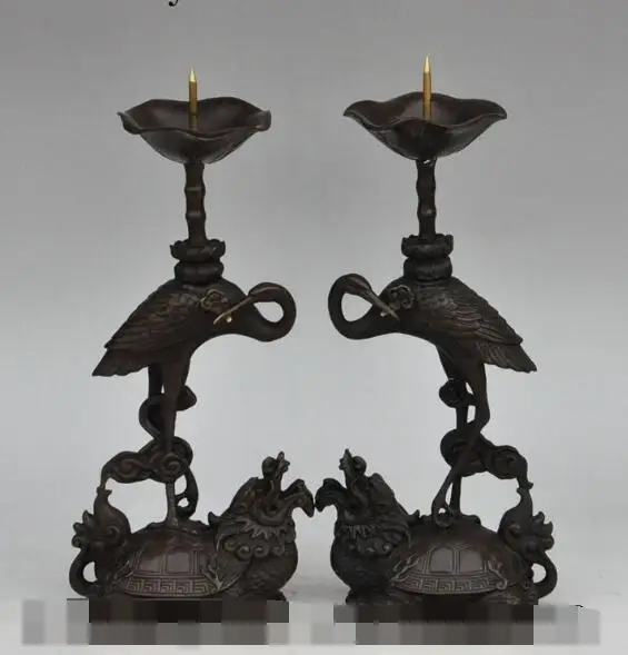 

S00324 12" china bronze dragon turtle Tortoise crane bird statue latai Candlestick pair (B0413)
